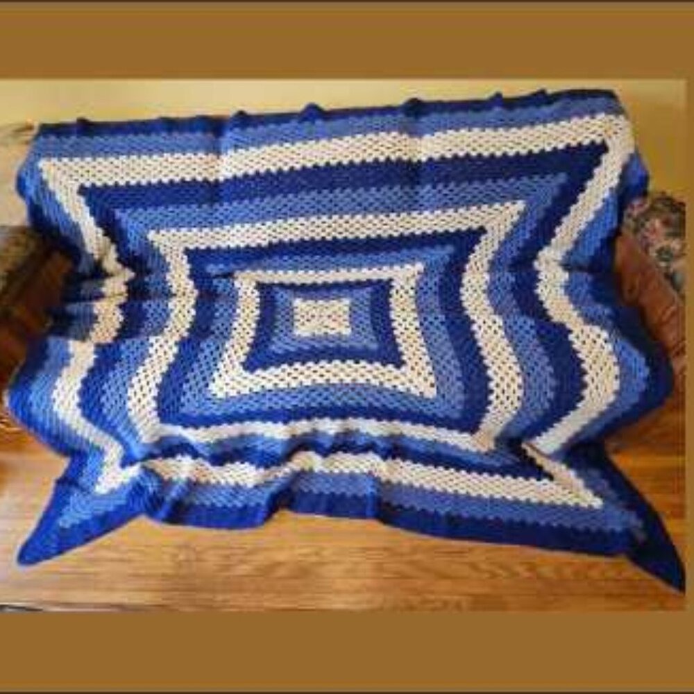 Crochet, lace pattern, large afghan/throw/wrap/blanket, handmade, blues & cream